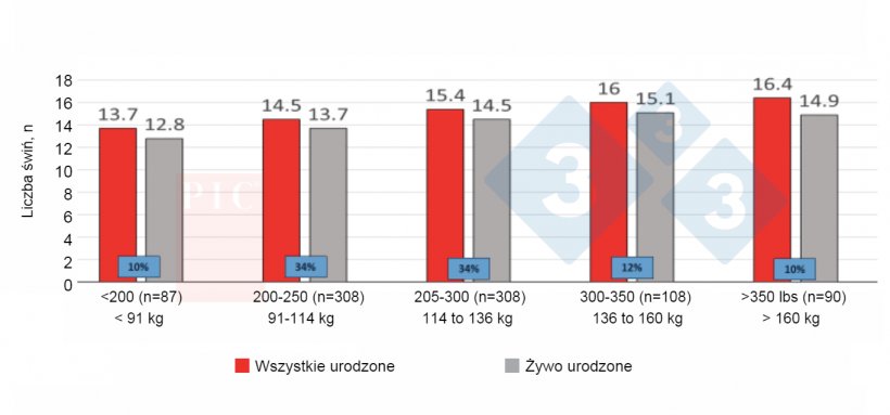 Ryc. 1. Wpływ spożycia paszy przy&nbsp;pierwszym porodzie na wielkość miotu w drugim porodzie. Spożycie paszy przy pierwszym porodzie&nbsp;ma wpływ na wielkość kolejnego miotu. Warto&nbsp;łagodzić spadki pobierania paszy u młodych samic. Źr&oacute;dło: PIC North America Technical Services (niepublikowane).
